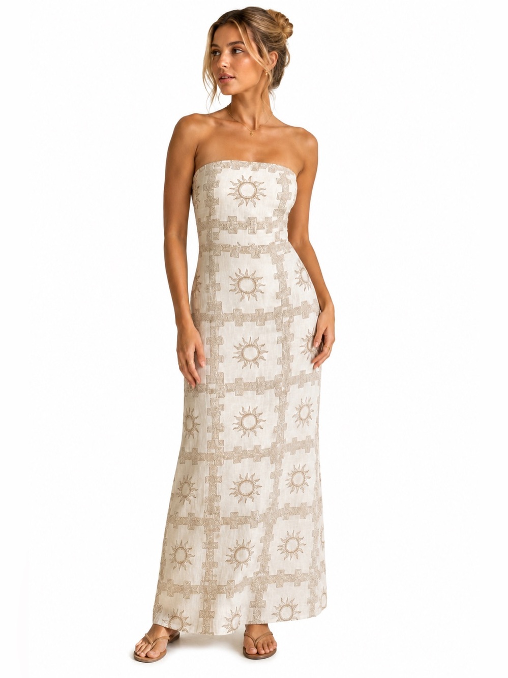 Paper Heart Dress Linen Cream Tan Maxi Sun Print Strapless‎ Tube Size Medium NWT